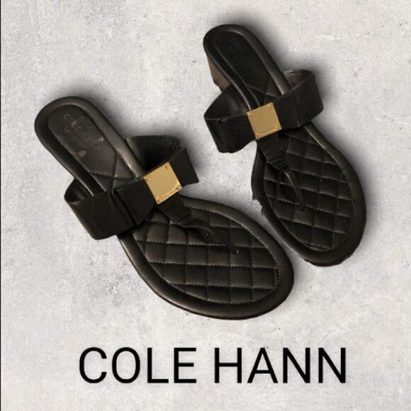 : : COLE HAAN OS GRAND Thong Sandals with Gold Tone Block Square Logo Detail : : - Picture 1 of 15